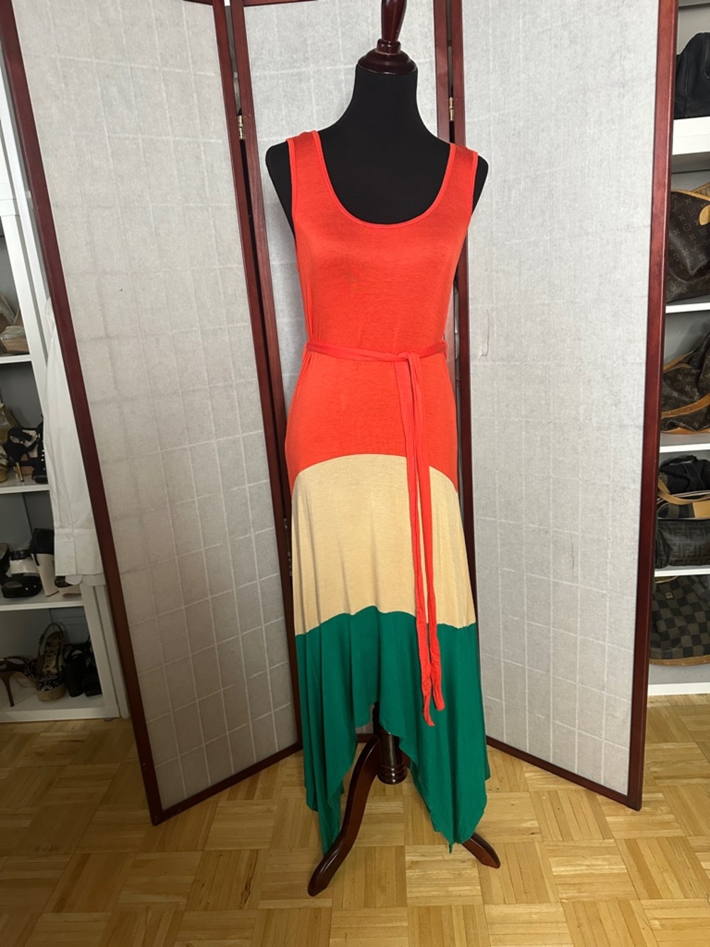 Emerald Colorblock High-Low Maxi Dress in Orange, Cream & Green
